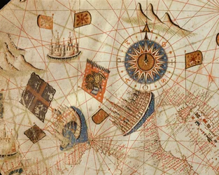 De maritima städerna Genua och Venedig, från en nautisk atlas över Medelhavet och Mellanöstern (bläck på veläng)